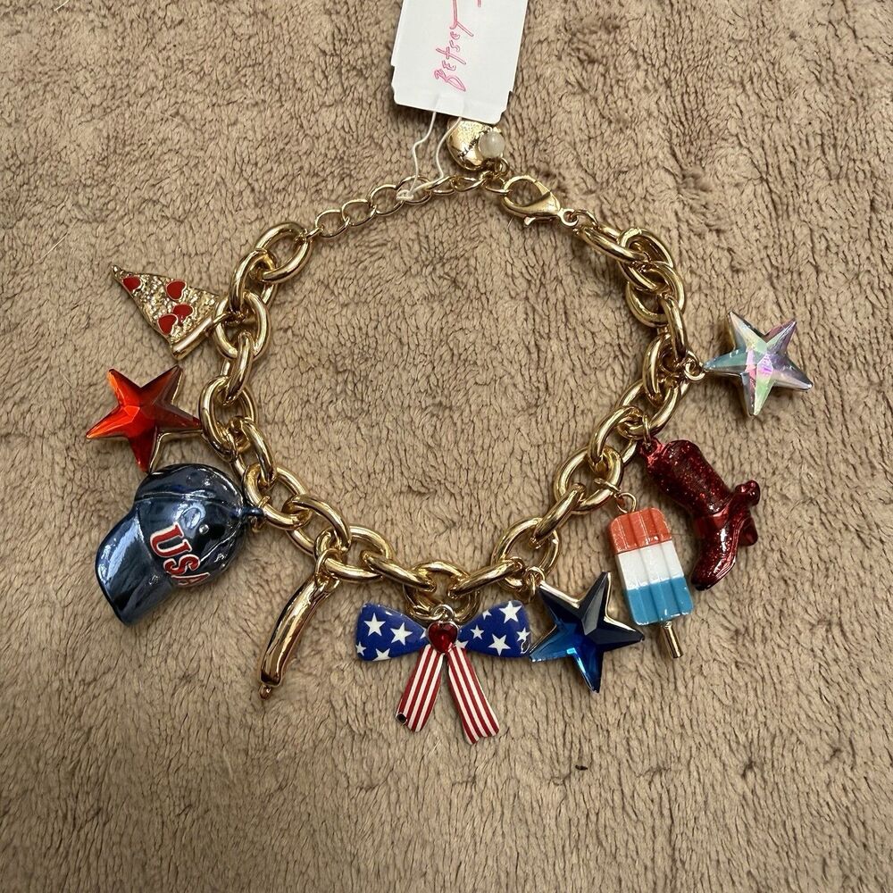 Betsey Johnson Bracelet Americana Patriotic Charms Baseball Hot Dog Cowboy Boots